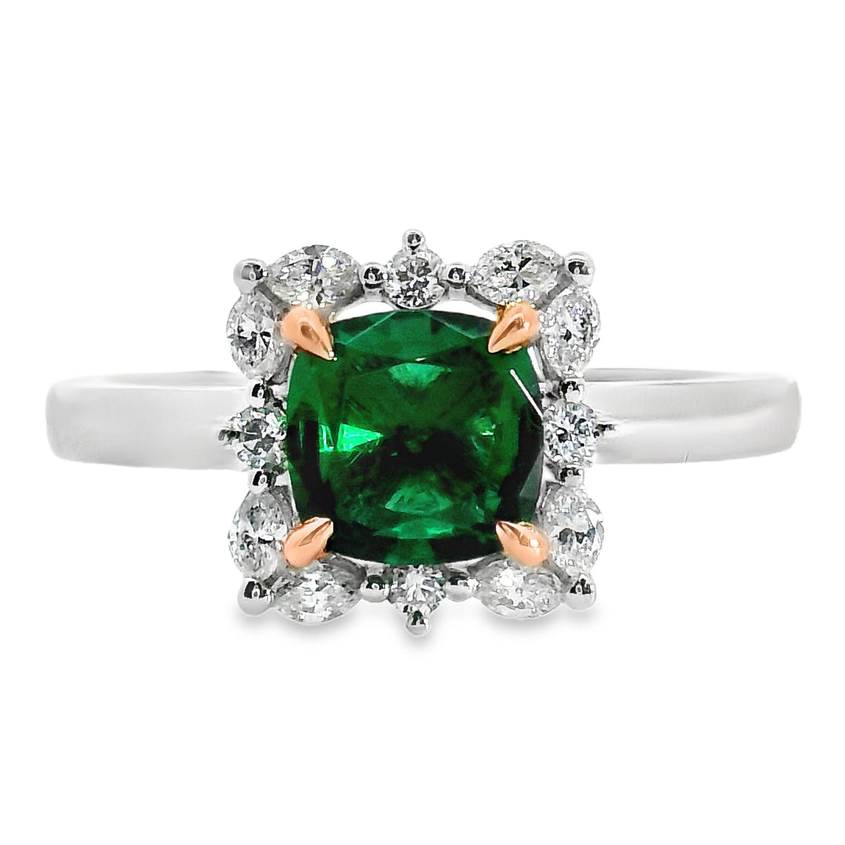 9ct White And Rose Gold Lab Grown Emerald And Diamond Marilyn Ring