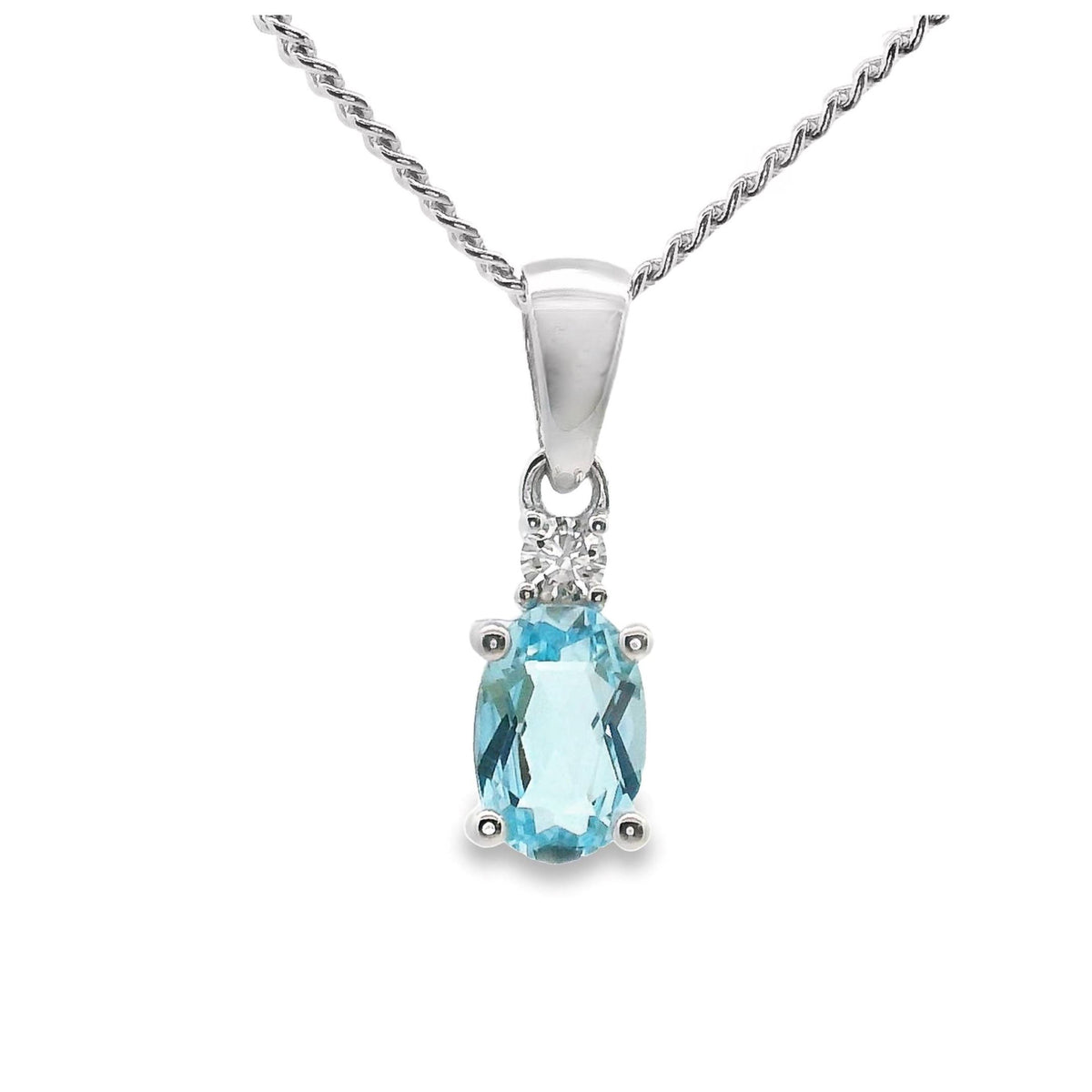 9ct White Gold Blue Topaz And Single Diamond Pendant