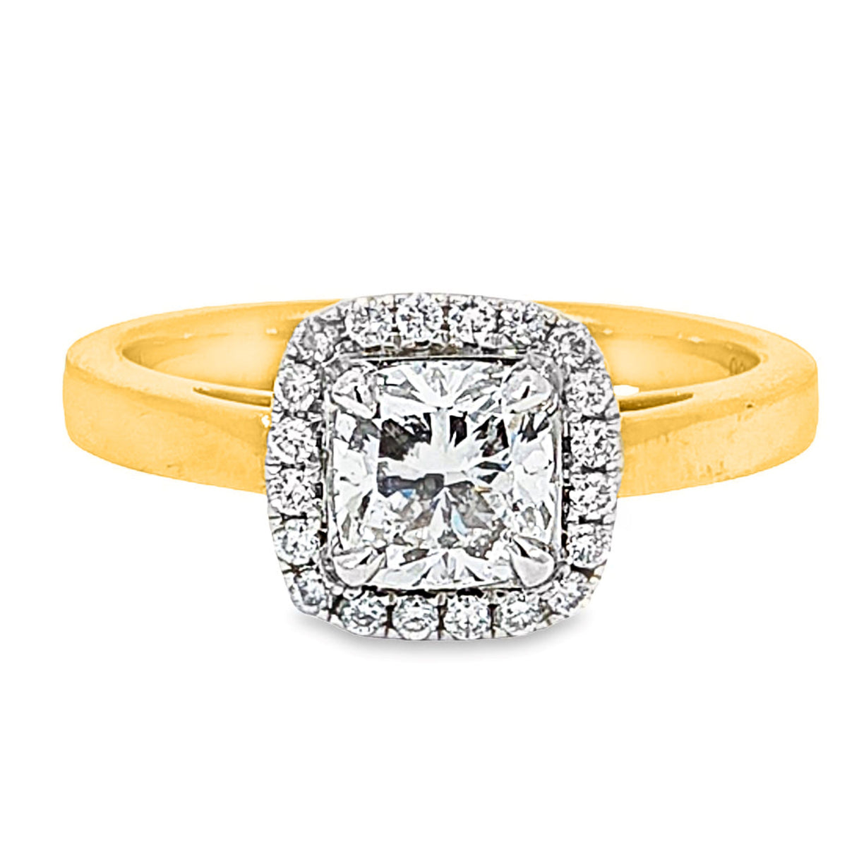 18ct Yellow Gold1.03ct Cushion Cut Natural Diamond Halo Set Ring.