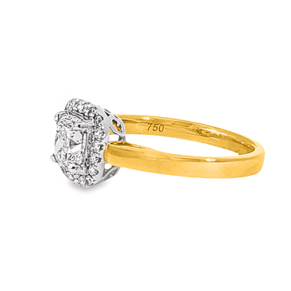 18ct Yellow Gold1.03ct Cushion Cut Natural Diamond Halo Set Ring.