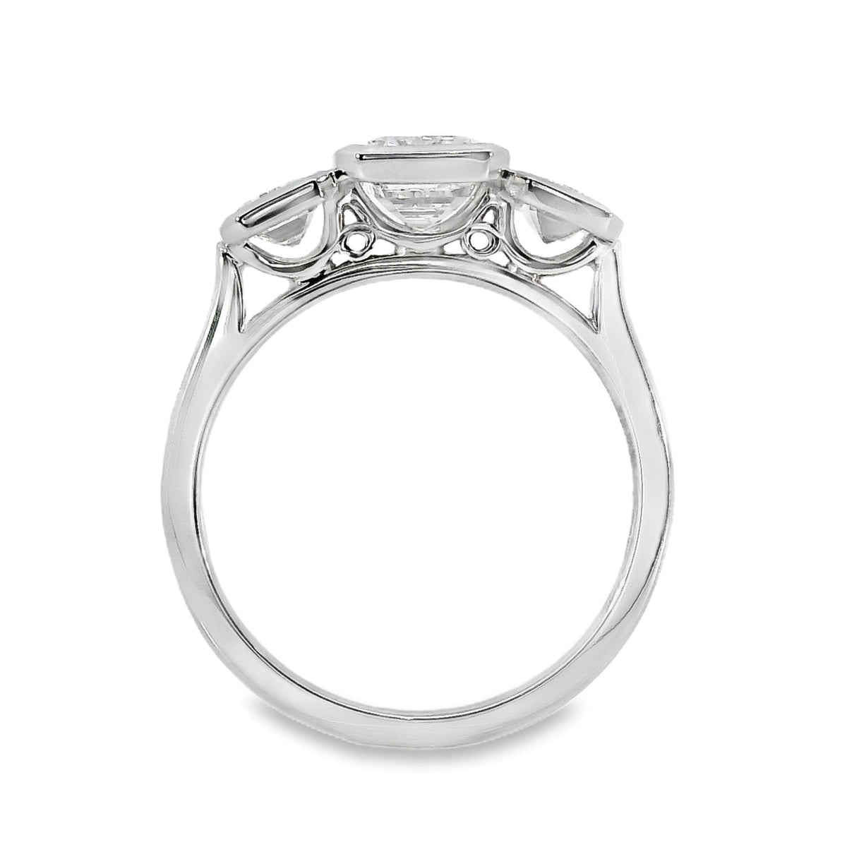 London 18ct White Gold Emerald Cut Bezel Set Trilogy Ring