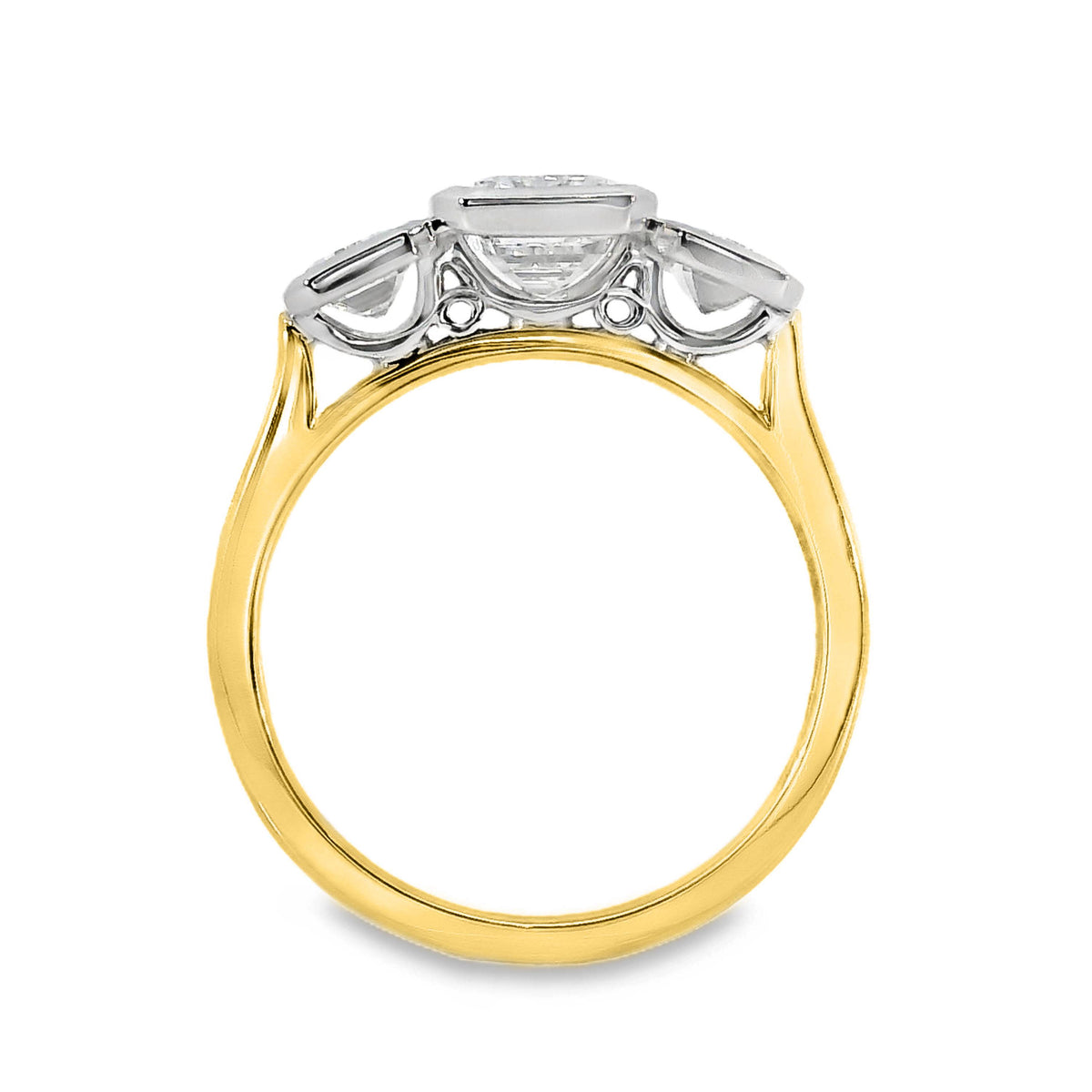 London 18ct Yellow And White Gold Emerald Cut Bezel Set Trilogy Ring