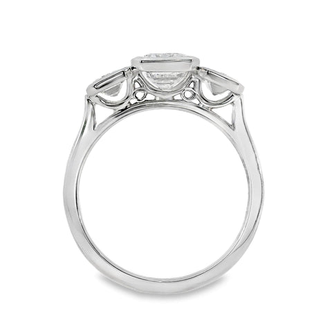 London 18ct White Gold Emerald Cut Bezel Set Trilogy Ring