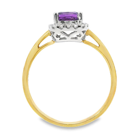 9ct Yellow Gold Amethyst And Diamond Halo Set Ring