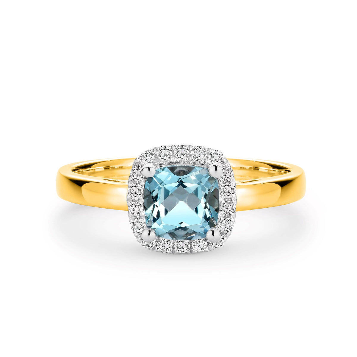 9ct Yellow Gold Aquamarine And Diamond Halo Set Ring