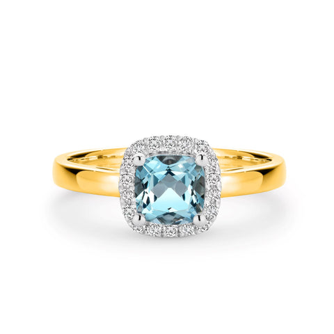 9ct Yellow Gold Aquamarine And Diamond Halo Set Ring