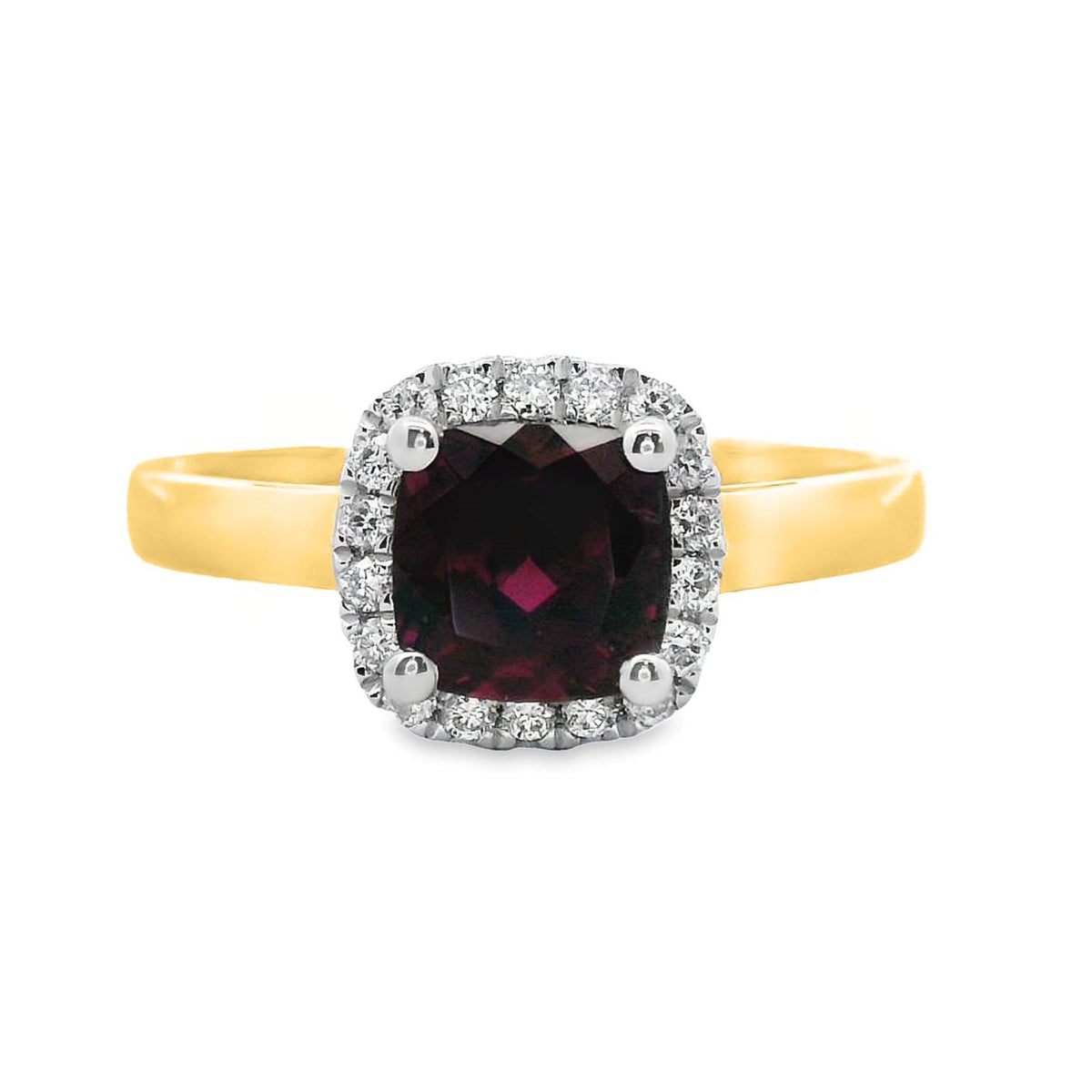 9ct Yellow Gold Rhodolite Garnet And Diamond Halo Set Ring