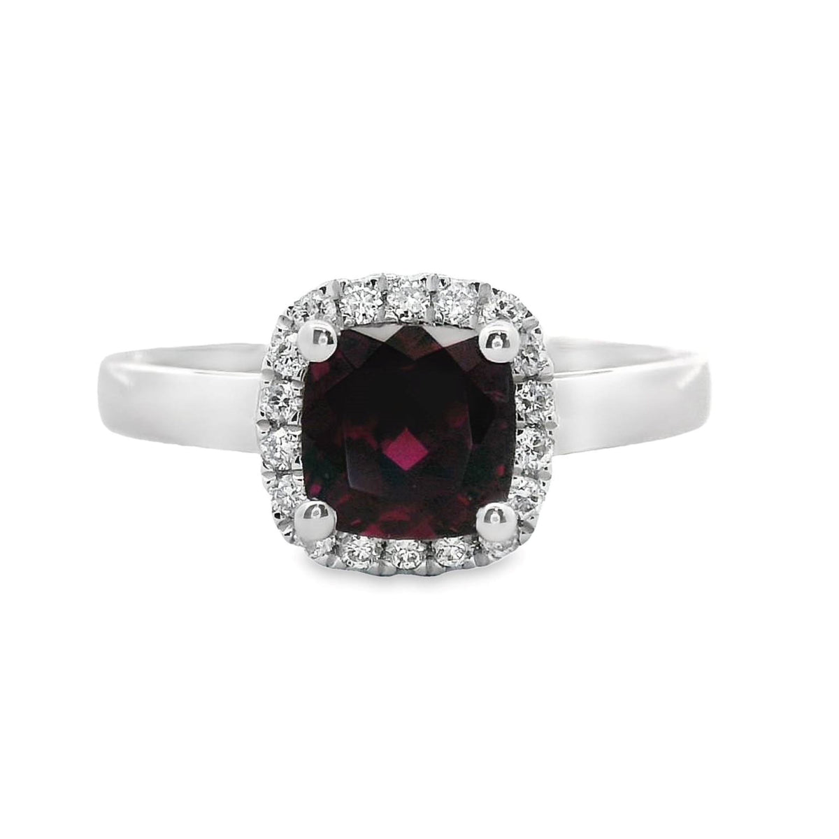 9ct White Gold Rhodolite Garnet And Diamond Halo Set Ring