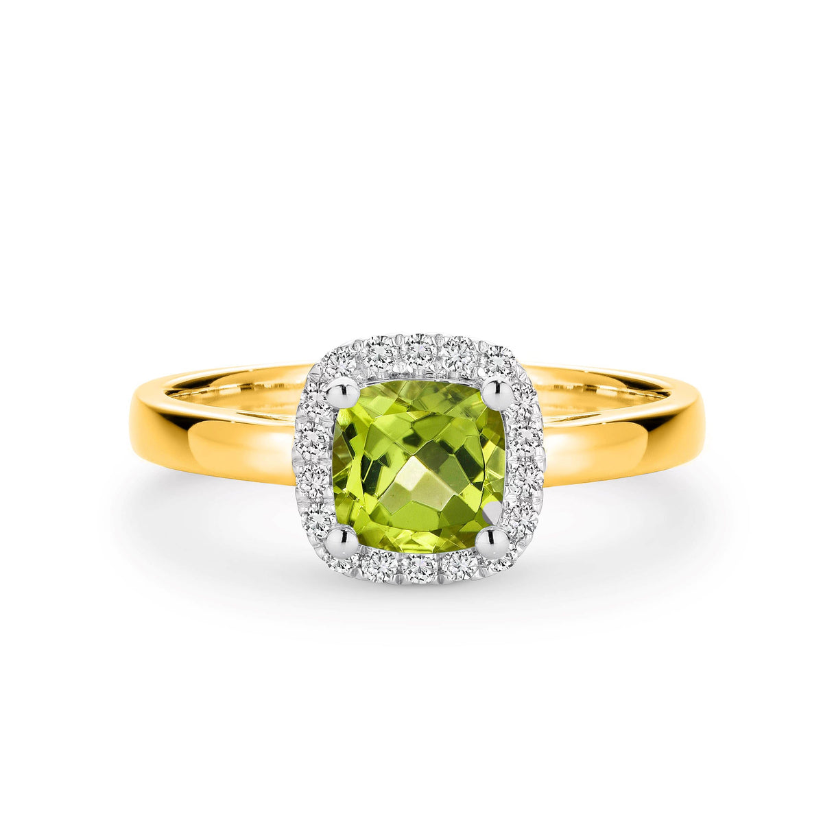 9ct Yellow Gold Peridot And Diamond Halo Set Ring