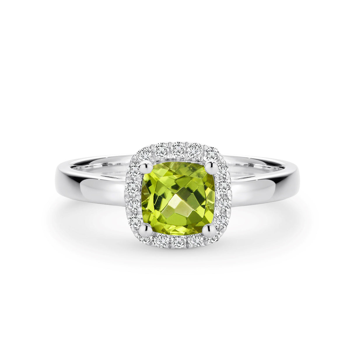 9ct White Gold Peridot And Diamond Halo Set Ring