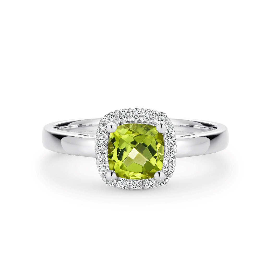 9ct White Gold Peridot And Diamond Halo Set Ring