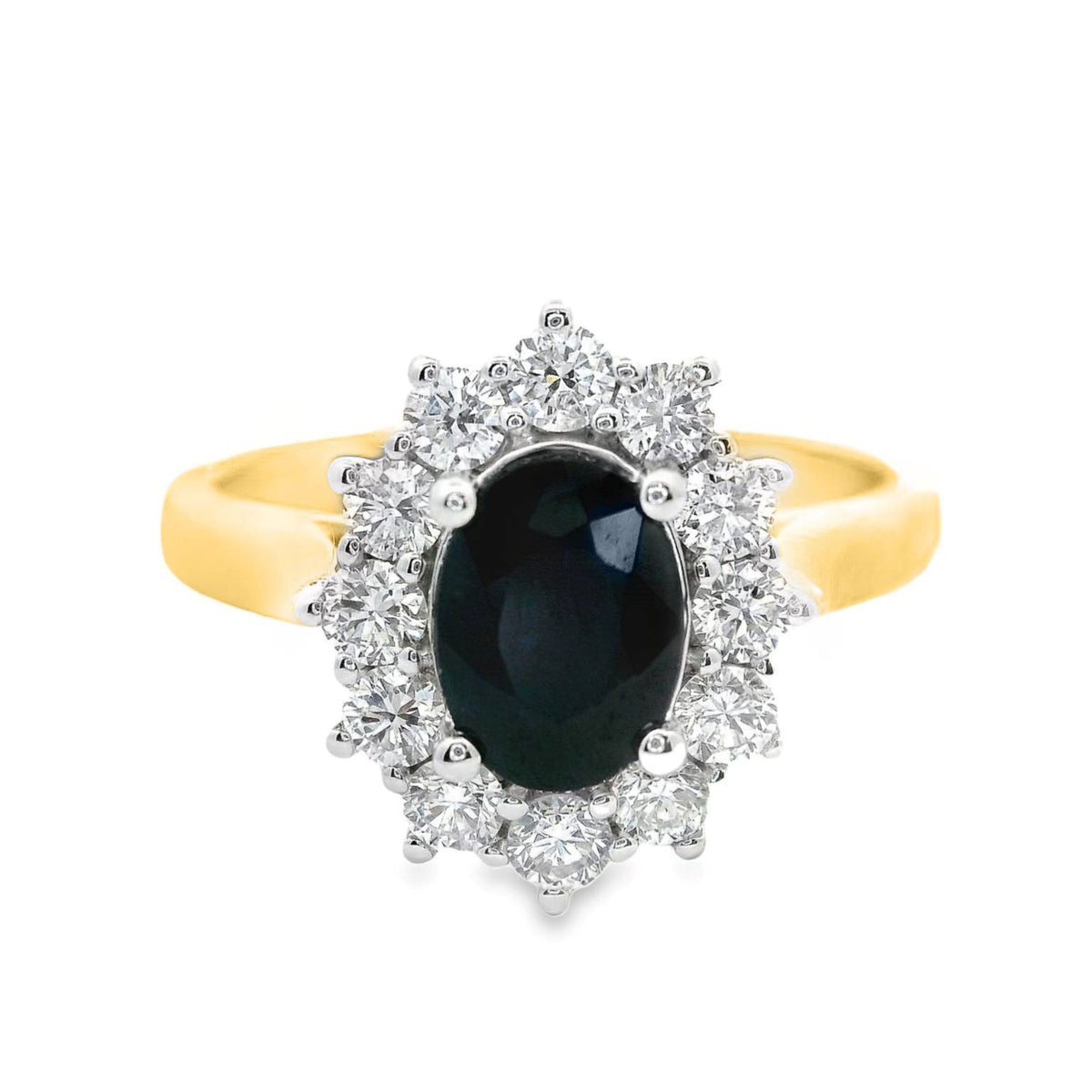 9ct Yellow Gold Natural Sapphire And Diamond Halo Set Ring