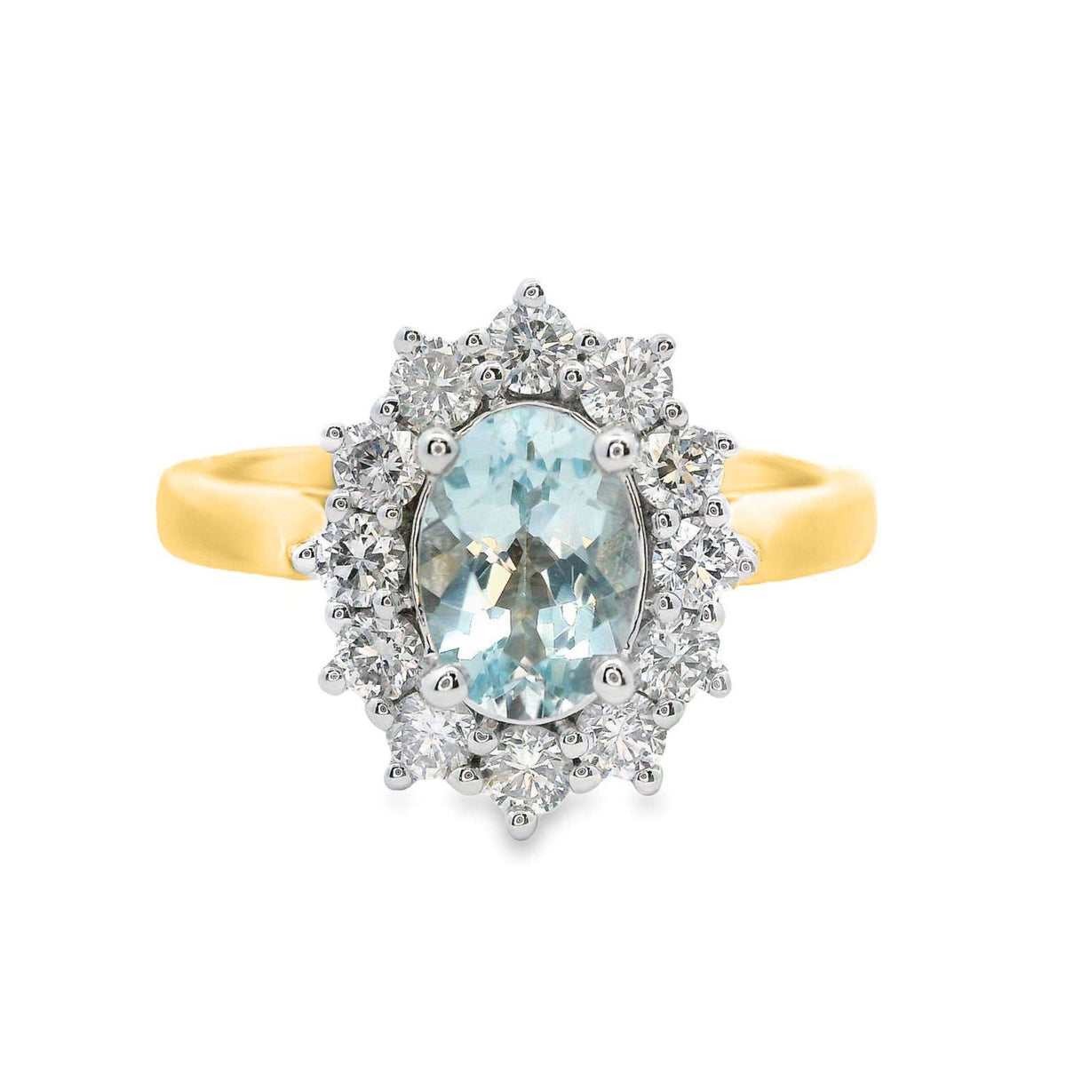 9ct Yellow Gold Aquamarine And Diamond Halo Set Ring