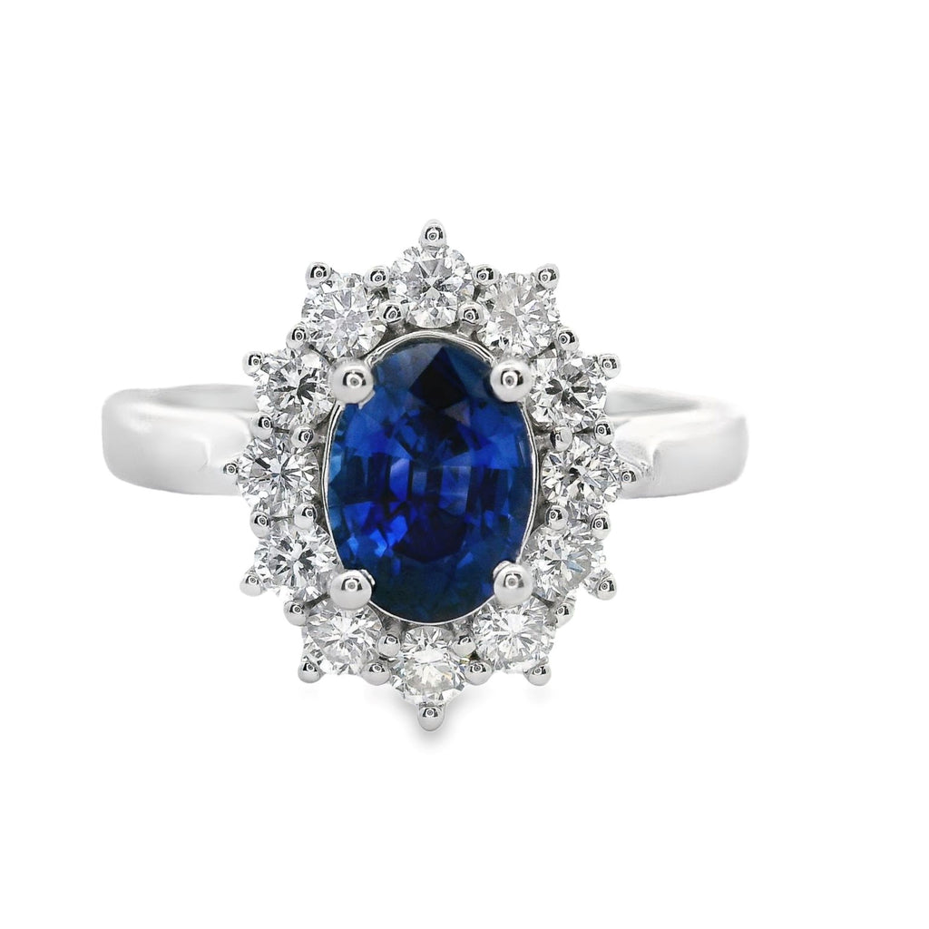 9ct White Gold Natural Sapphire And Diamond Halo Set Ring