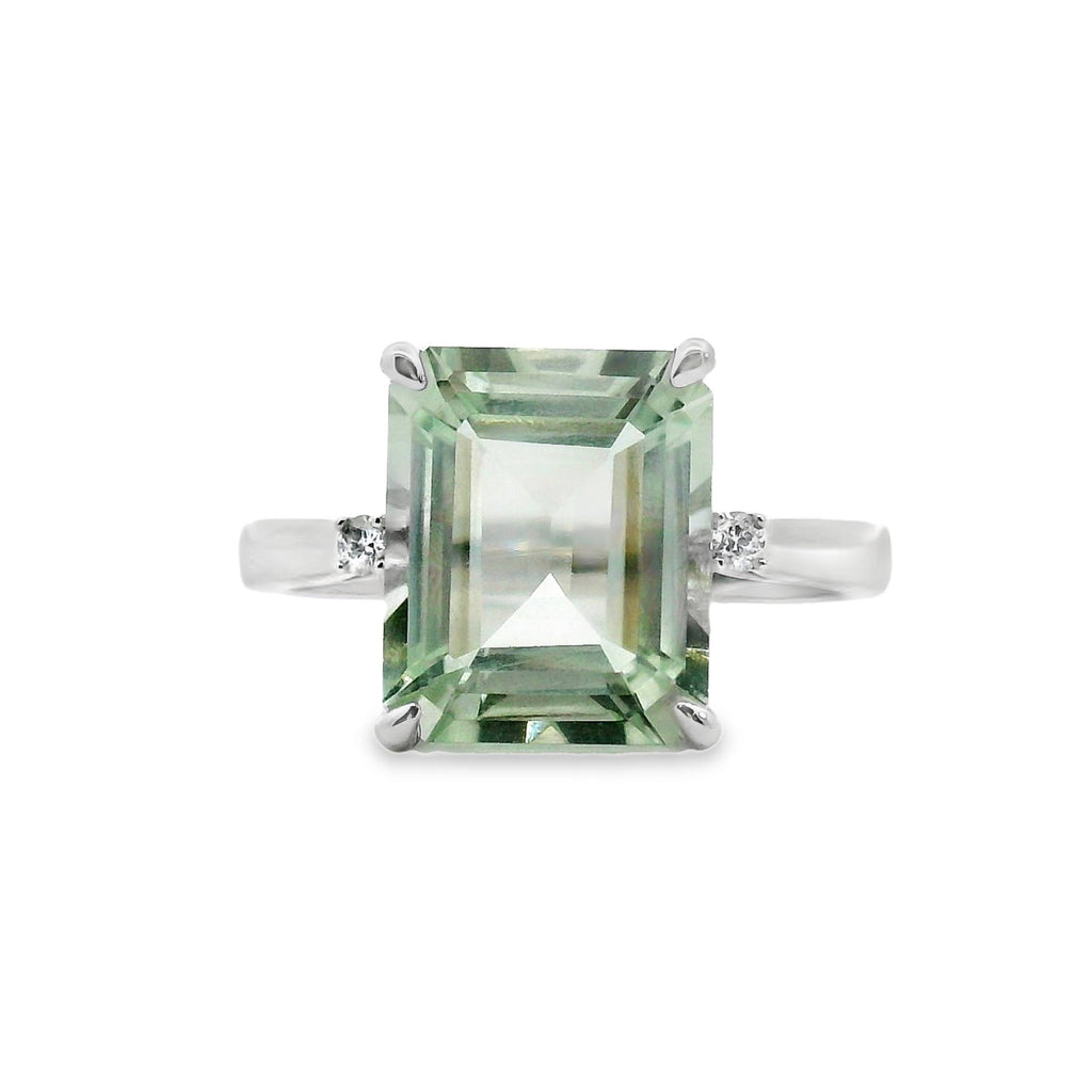 9ct White Gold Green Amethyst And Diamond Ring