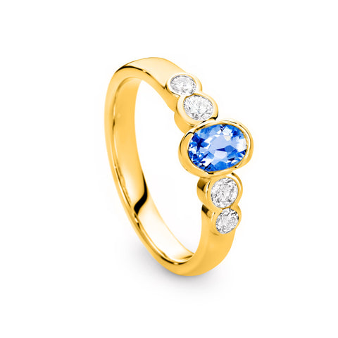 9ct Yellow Gold Ceylon Sapphire And Diamond Bezel Set Ring