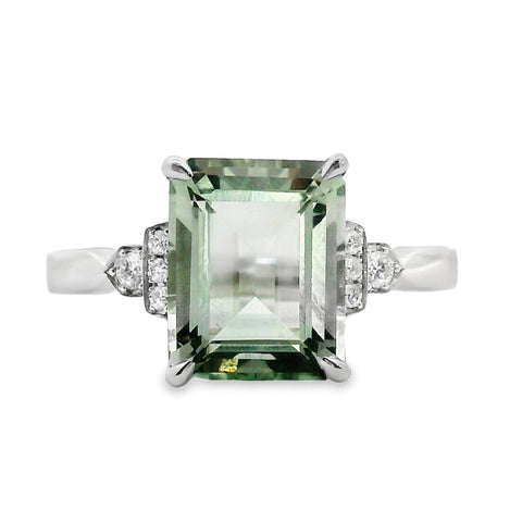 9ct White Gold Green Amethyst Art Deco Inspired Ring