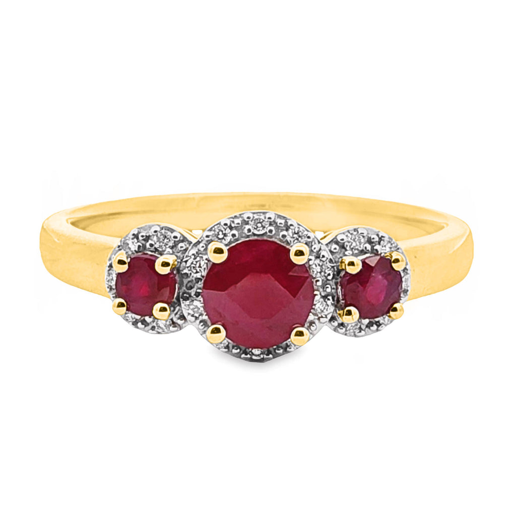 9ct Yellow Gold Natural Ruby And Diamond Trilogy Ring
