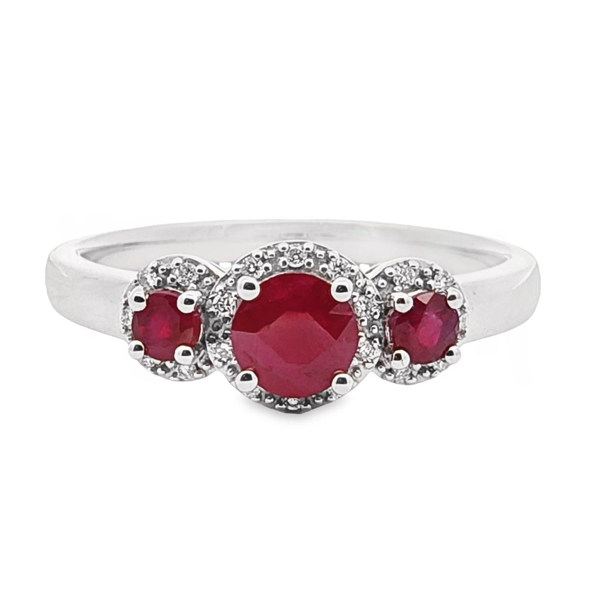 9ct White Gold Natural Ruby And Diamond Trilogy Ring
