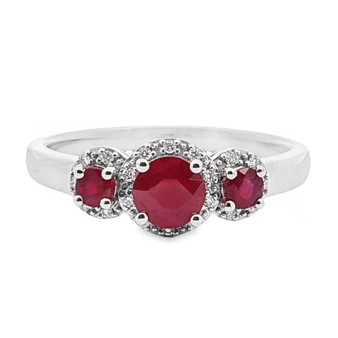 9ct White Gold Natural Ruby And Diamond Trilogy Ring