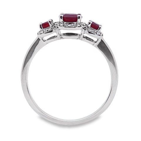 9ct White Gold Natural Ruby And Diamond Trilogy Ring