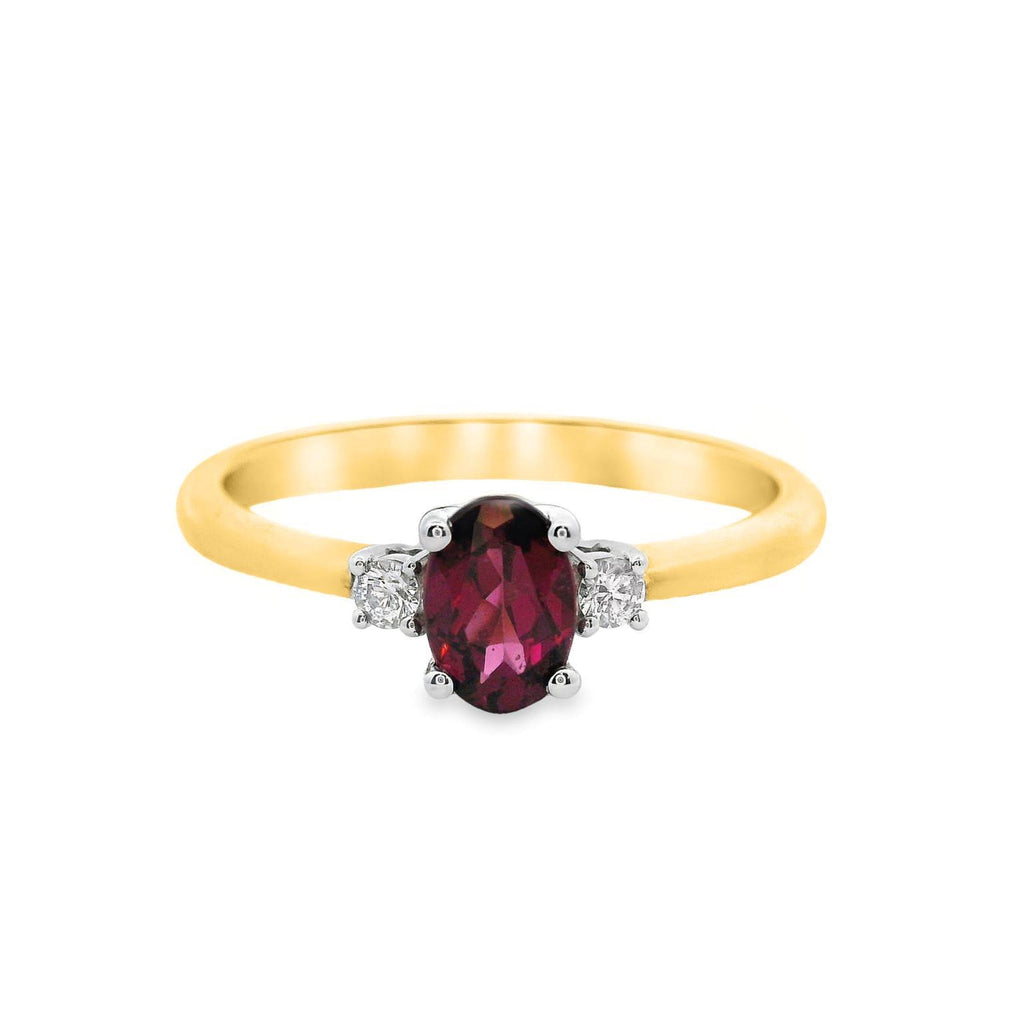 9ct Yellow Gold Rhodolite Garnet And Diamond Trilogy Ring