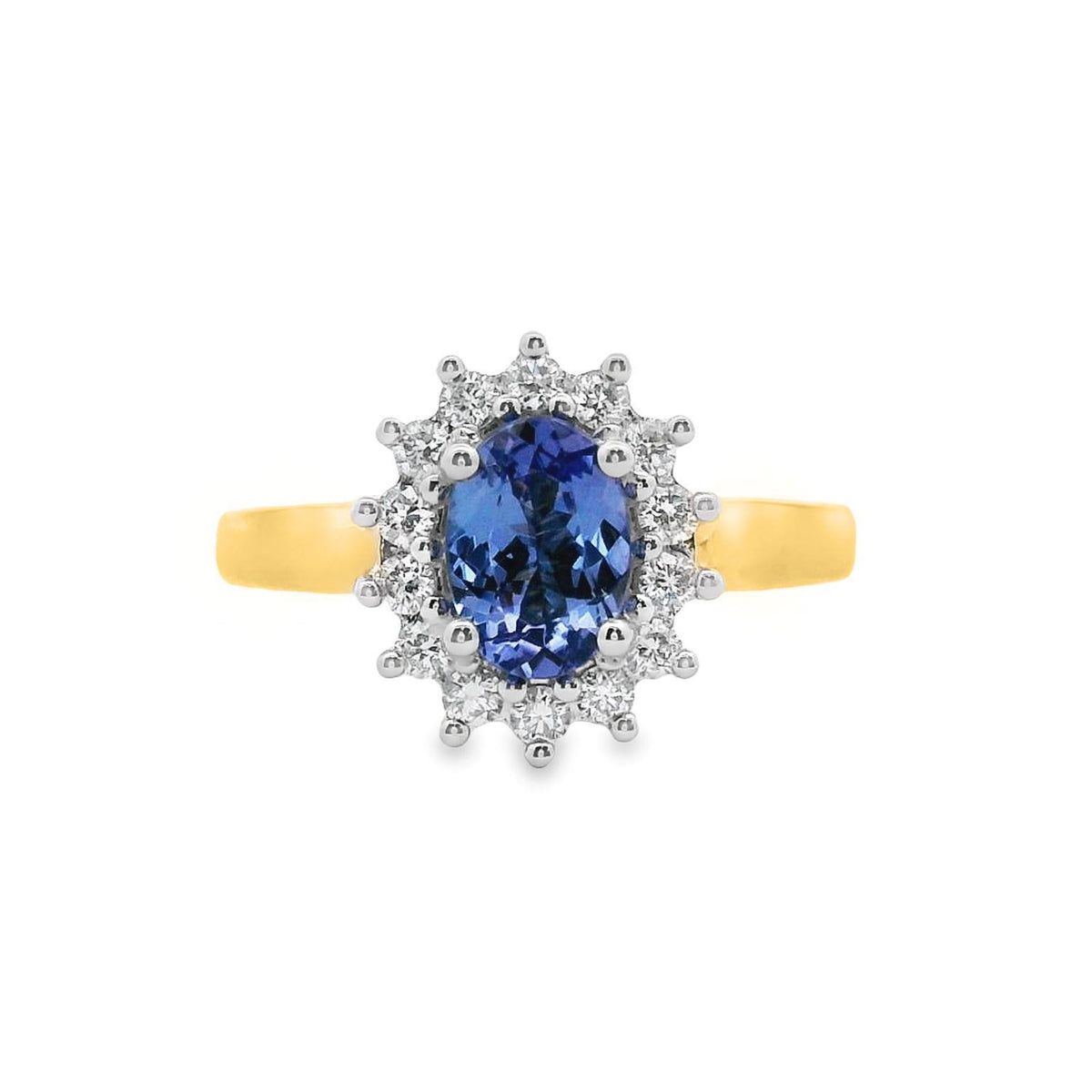 9ct Yellow Gold Tanzanite And Diamond Halo Set Ring