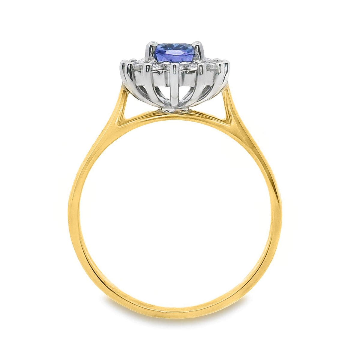 9ct Yellow Gold Tanzanite And Diamond Halo Set Ring