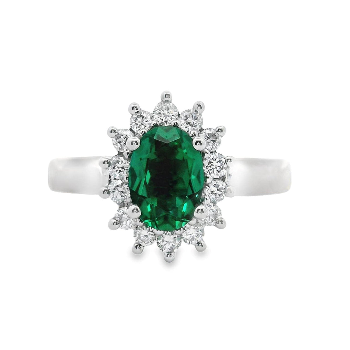 9ct White Gold Lab Grown Emerald And Diamond Halo Set Ring