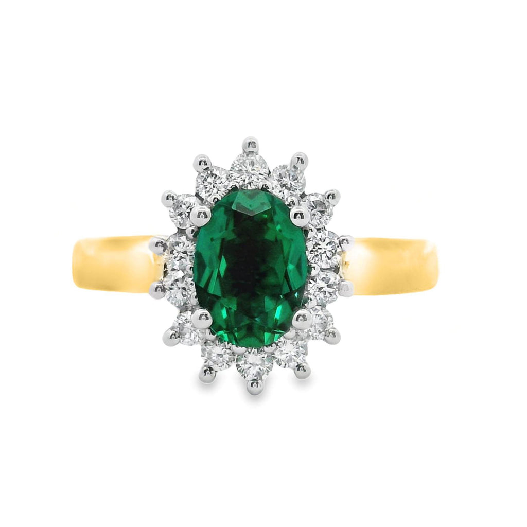 9ct Yellow Gold Lab Grown Emerald And Diamond Cluster Set Ring