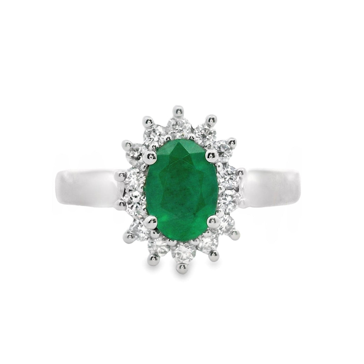 9ct White Gold Natural Emerald And Diamond Halo Set Ring