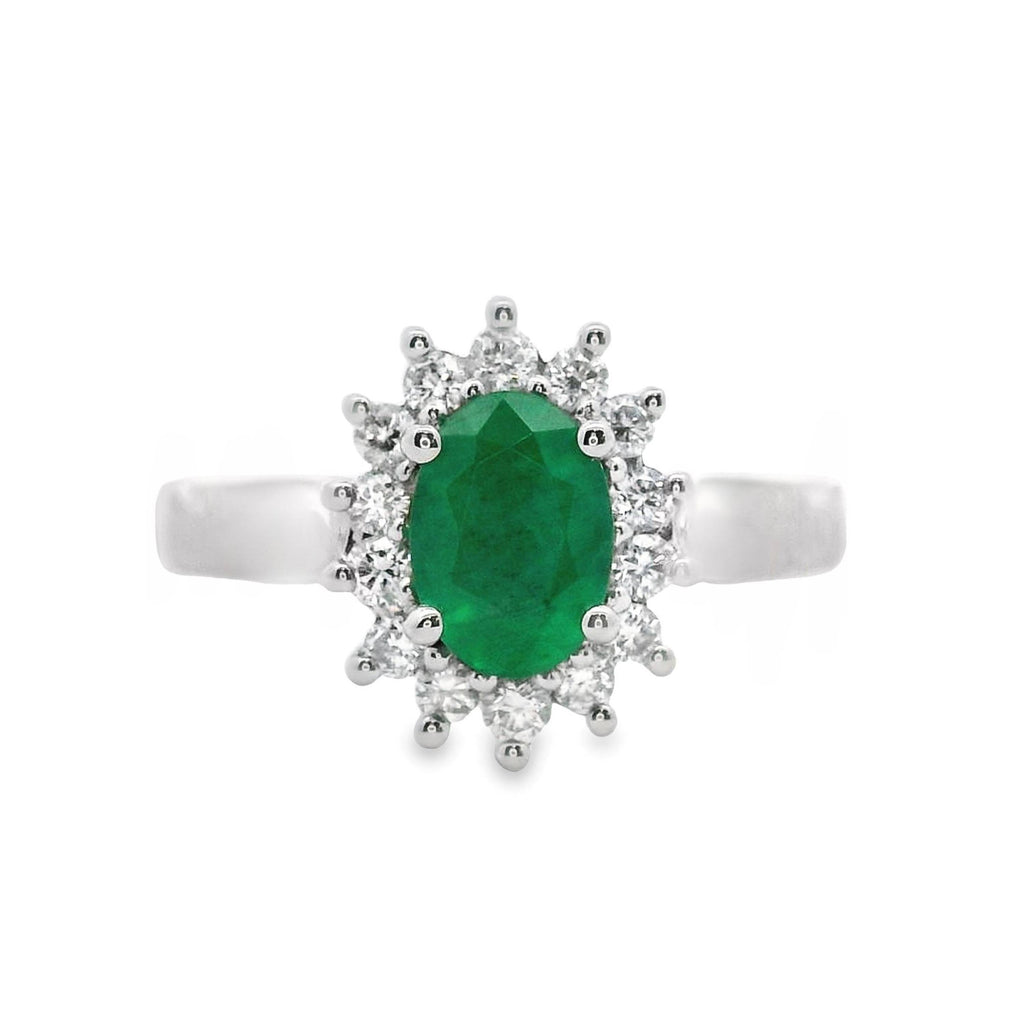 Natural Emerald And Diamond Halo Set Ring