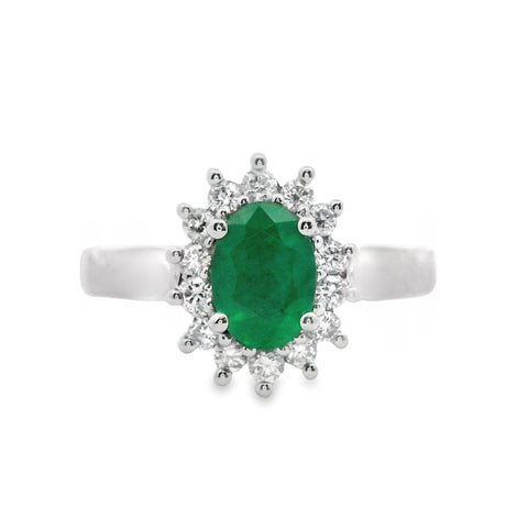 Natural Emerald And Diamond Halo Set Ring