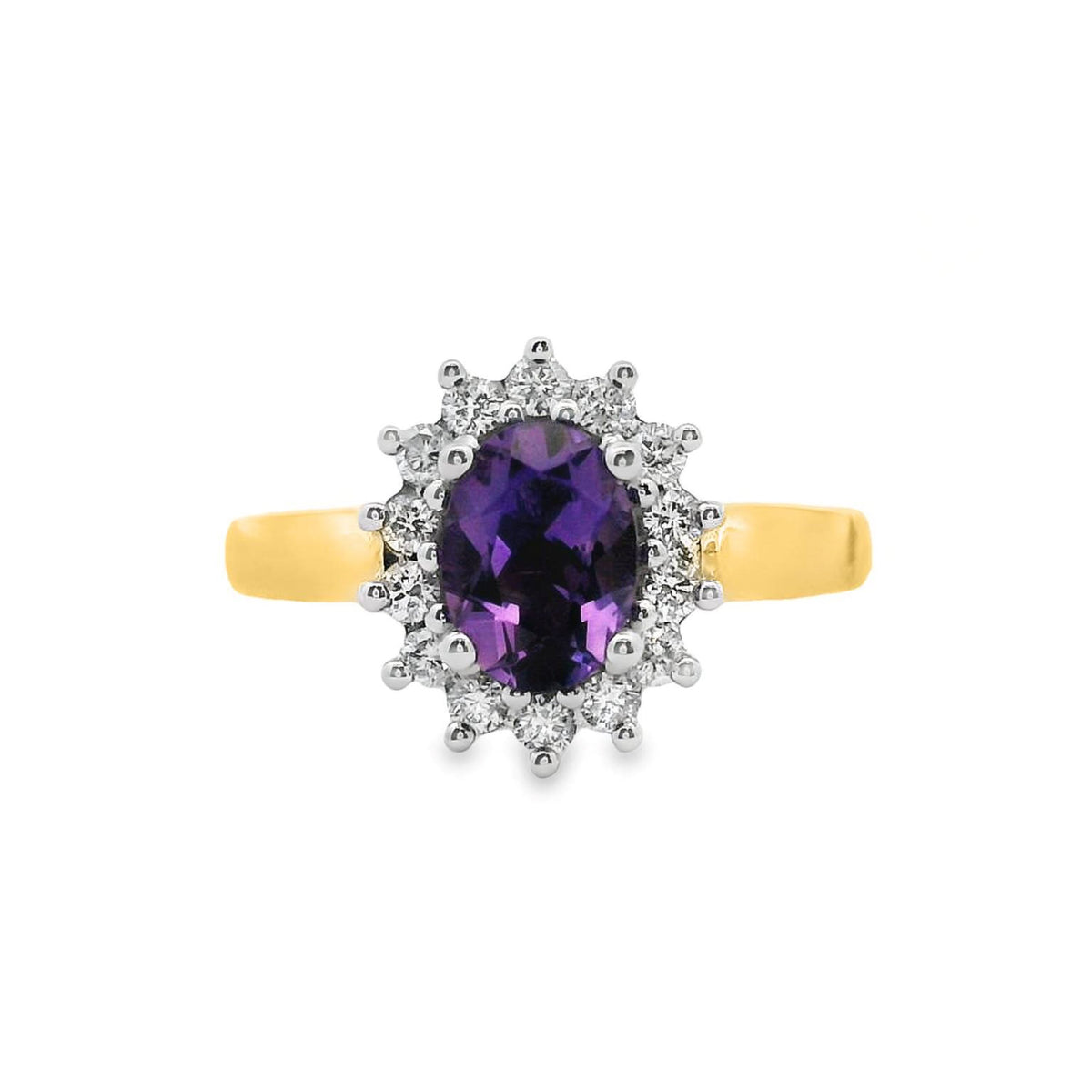 9ct Yellow And White Gold Amethyst And Diamond Halo Set Ring