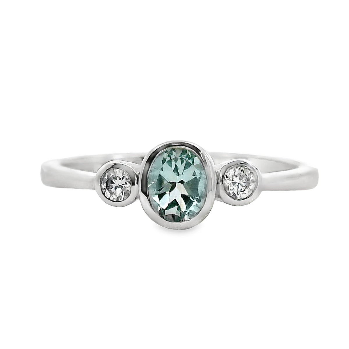 9ct White Gold Aquamarine And Diamond Bezel Set Trilogy Ring