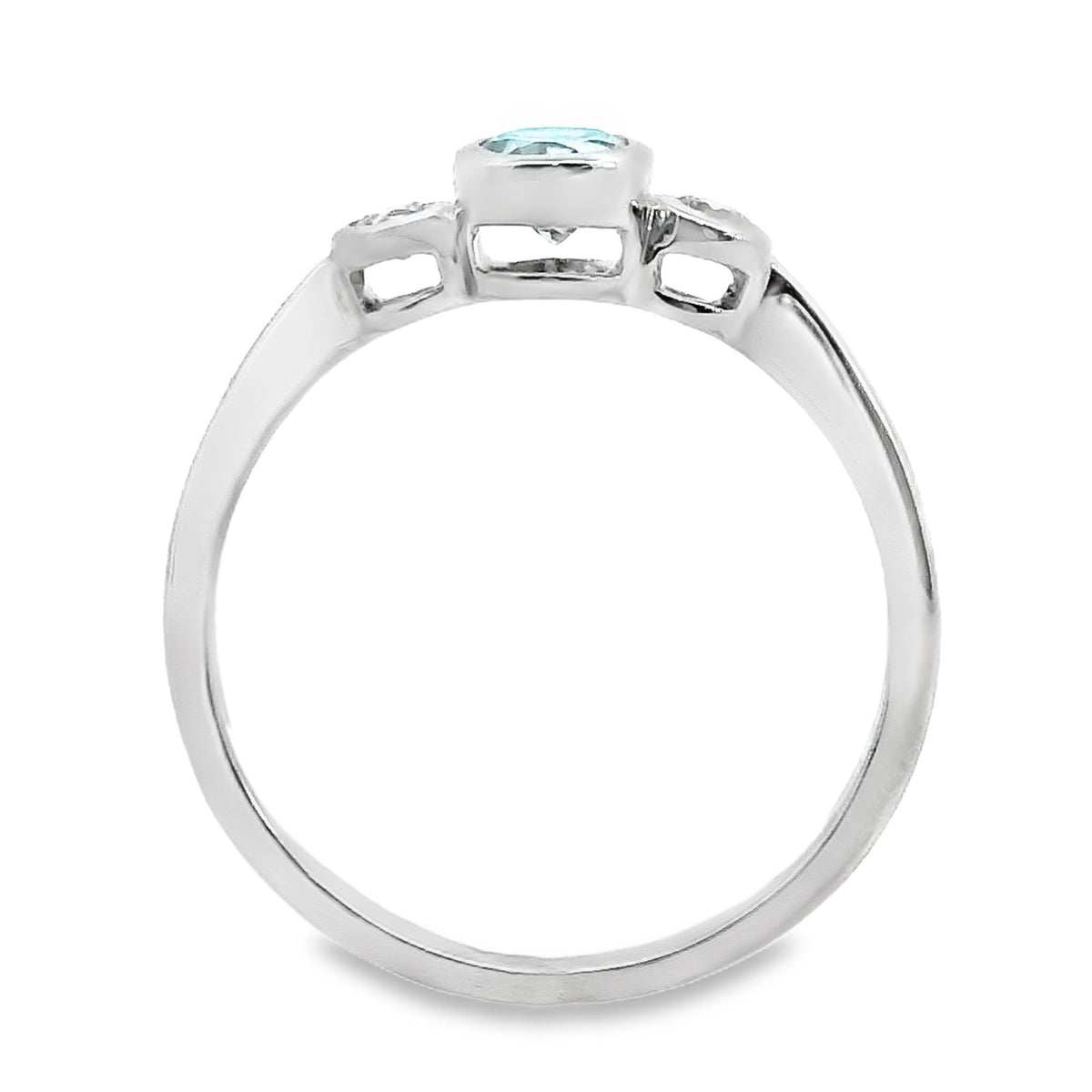 9ct White Gold Aquamarine And Diamond Bezel Set Trilogy Ring