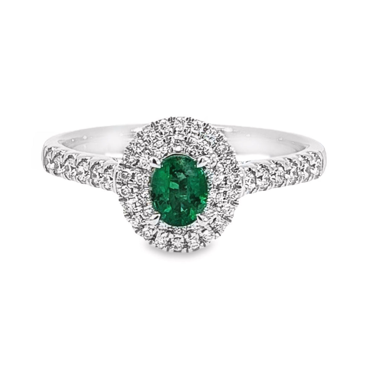 18ct White Gold Natural Emerald And Diamond Double Halo Ring