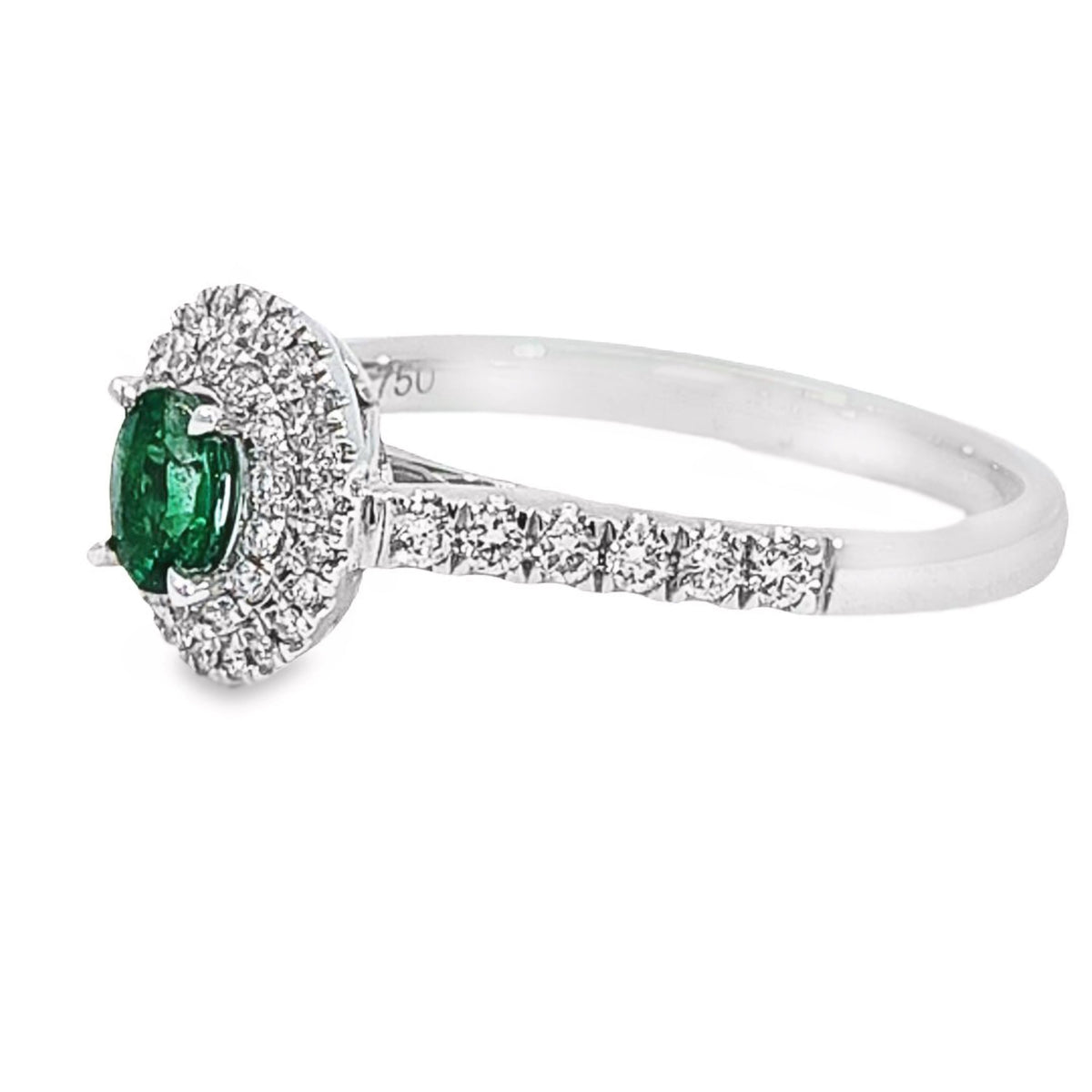 18ct White Gold Natural Emerald And Diamond Double Halo Ring