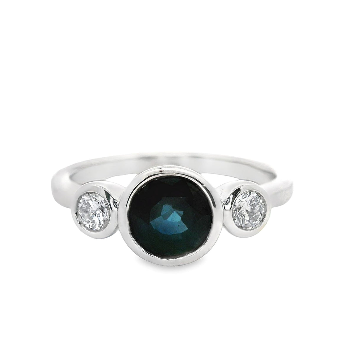 18ct White Gold Bezel Set Australian Sapphire And Diamond Trilogy Ring