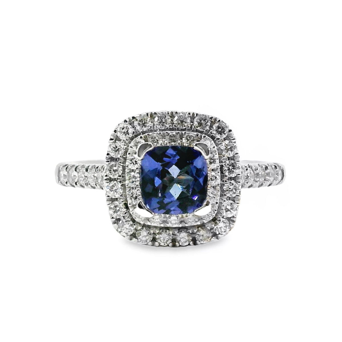 18ct White Gold Double Halo Set Natural Tanzanite And Diamond Ring