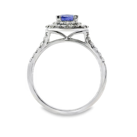 18ct White Gold Double Halo Set Natural Tanzanite And Diamond Ring