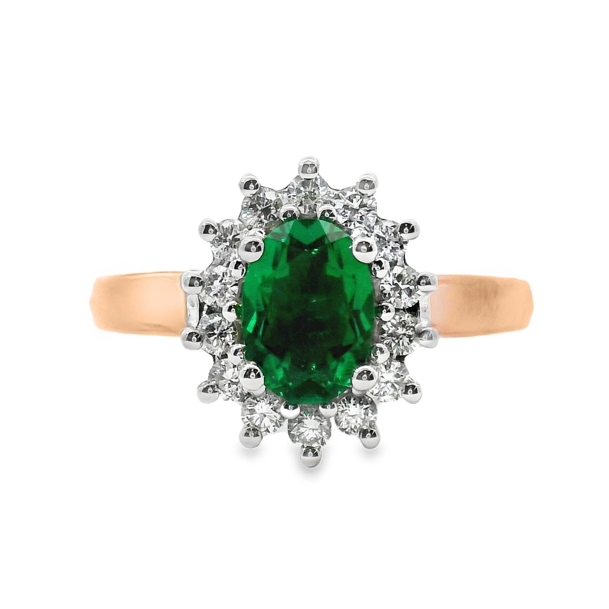9ct Rose Gold Lab Grown Emerald And Diamond Halo Set Ring