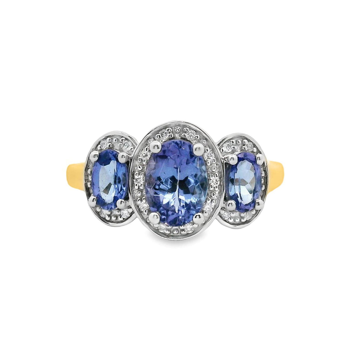 9ct Yellow Gold Tanzanite And Diamond Halo Set Trilogy Ring