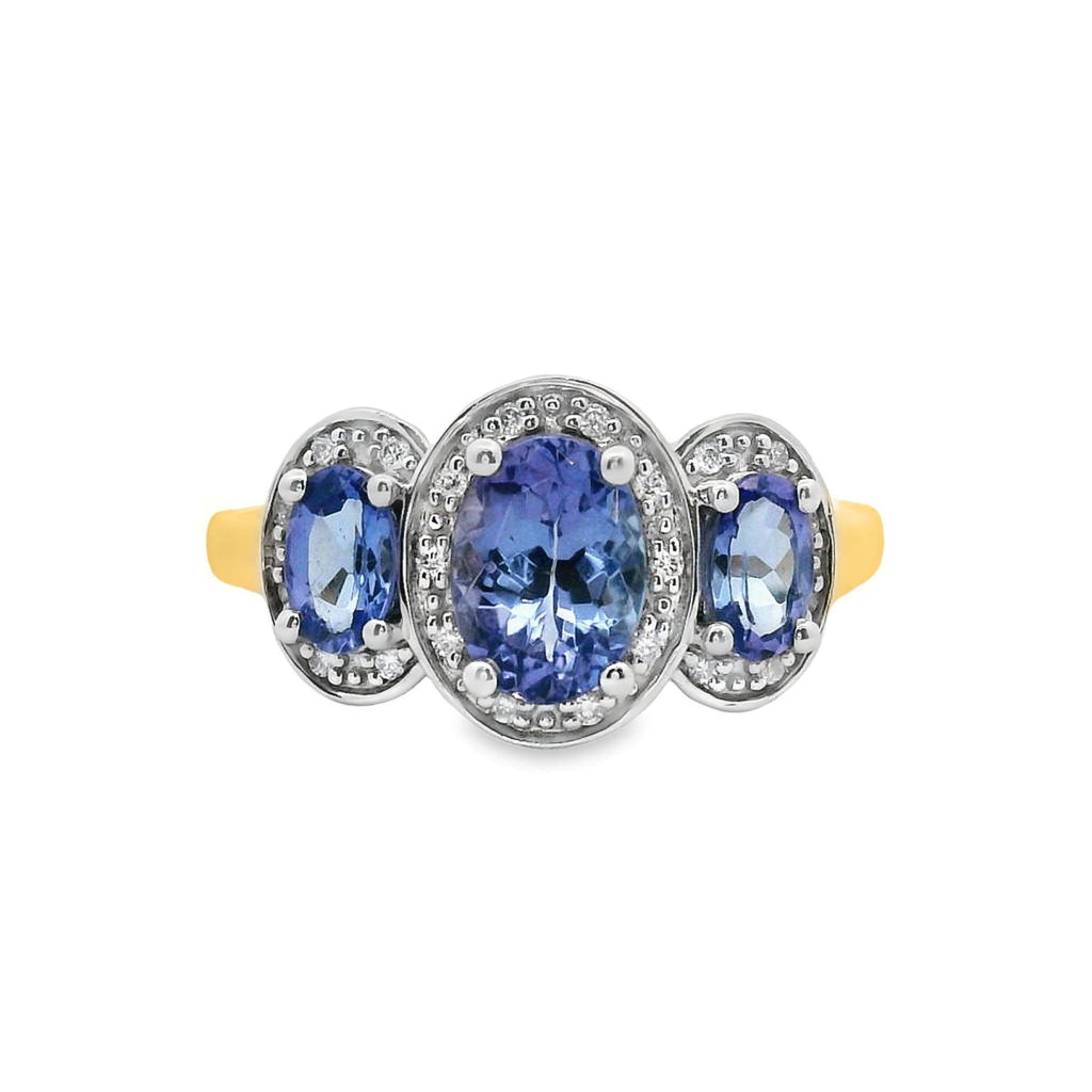 9ct Yellow Gold Tanzanite And Diamond Halo Set Trilogy Ring