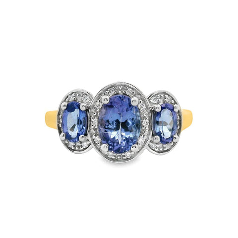 9ct Yellow Gold Tanzanite And Diamond Halo Set Trilogy Ring