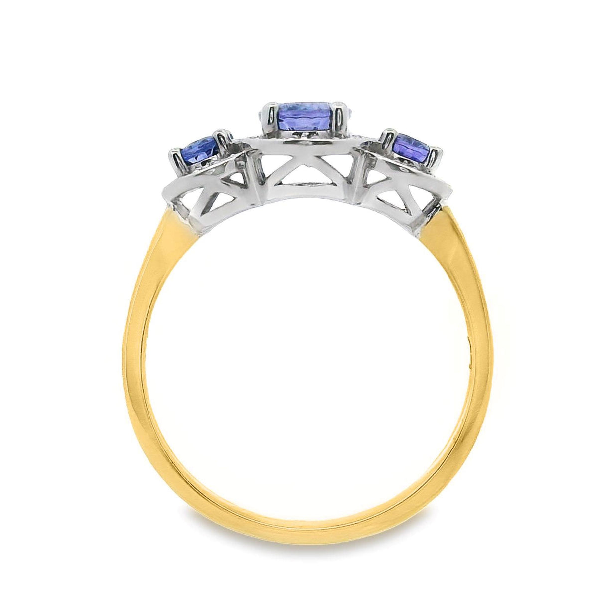 9ct Yellow Gold Tanzanite And Diamond Halo Set Trilogy Ring