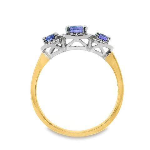9ct Yellow Gold Tanzanite And Diamond Halo Set Trilogy Ring