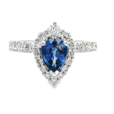Pear Cut Sapphire And Diamond Halo Set Ring