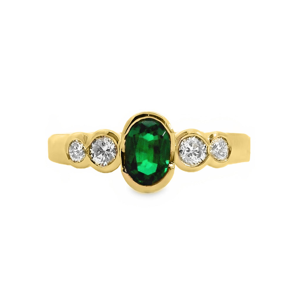 9ct Yellow Gold Lab Grown Emerald And Diamond Bezel Set Ring