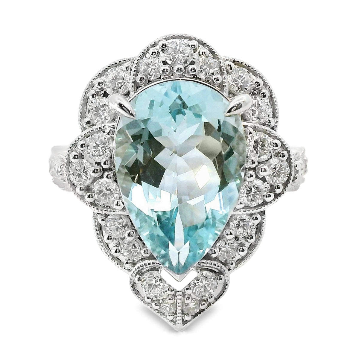 18ct White Gold Pear Cut Natural Aquamarine And Diamond Ring